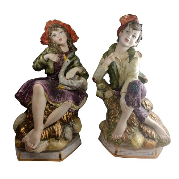 Antique Vtg Italian Girl Boy Victorian Peasant Children Capodimonte BENACCHIO 2 - Picture 1 of 16